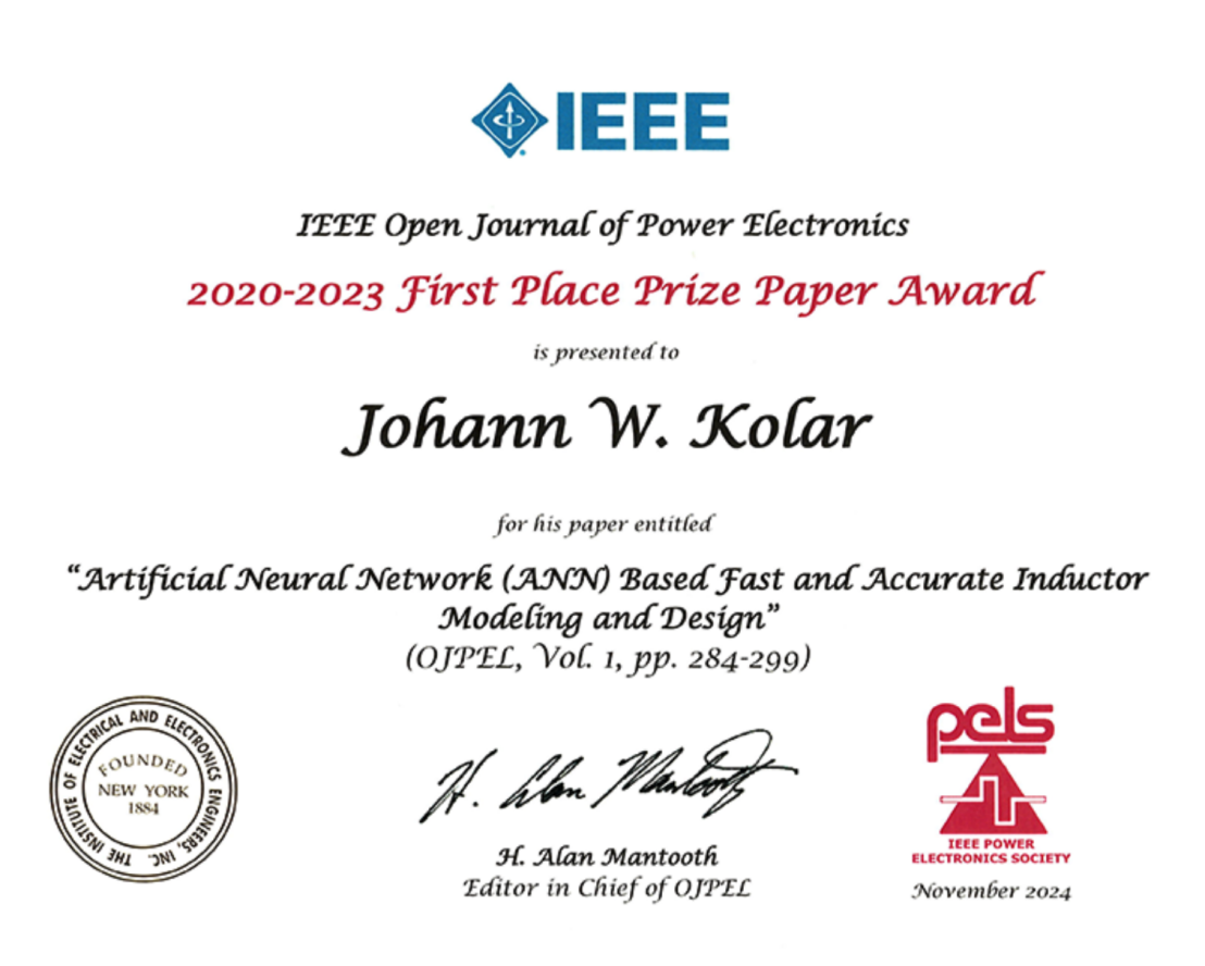 First-place Prize Paper Award for 2023 in Open Journal of Power Electronics